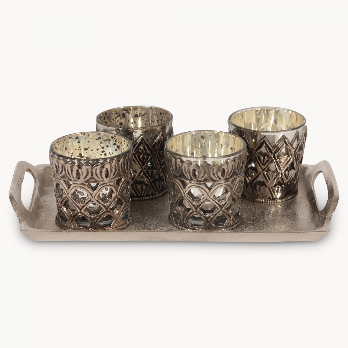 Pinelands Set of 4 Antique Silver Glass Votives with Tray One World