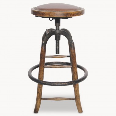 Woodcroft Oak and Cast Iron Bar Stool with Leather Seat | One World