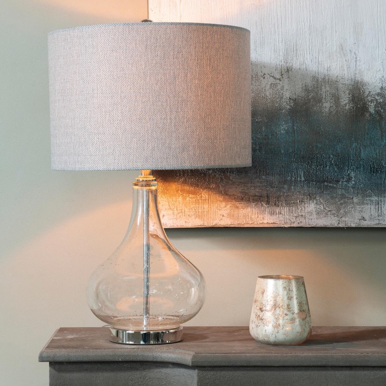 Glass Lamp With Grey Herringbone Shade, Grey Herringbone Table Lamp
