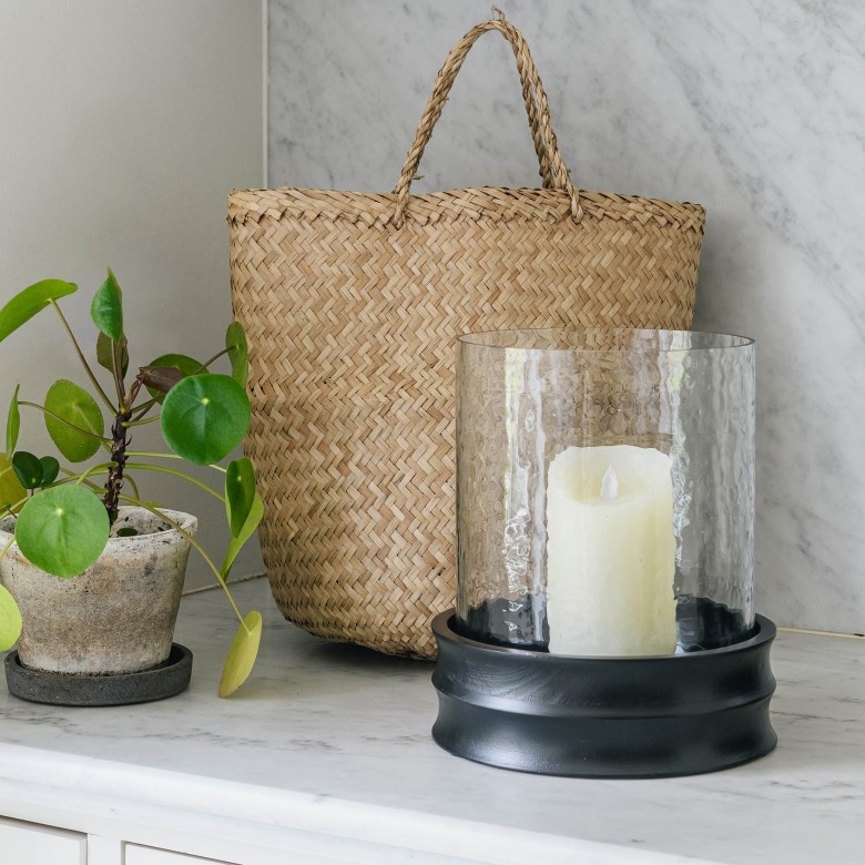 Da Gama Small Glass Hurricane with Wood Base Candle Holders One World