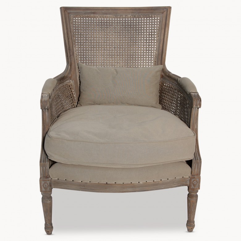 Marlborough Grey Wash Wood Bergere Chair W Linen Cushions