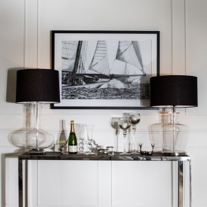 Black and white interiors mixed with glassware