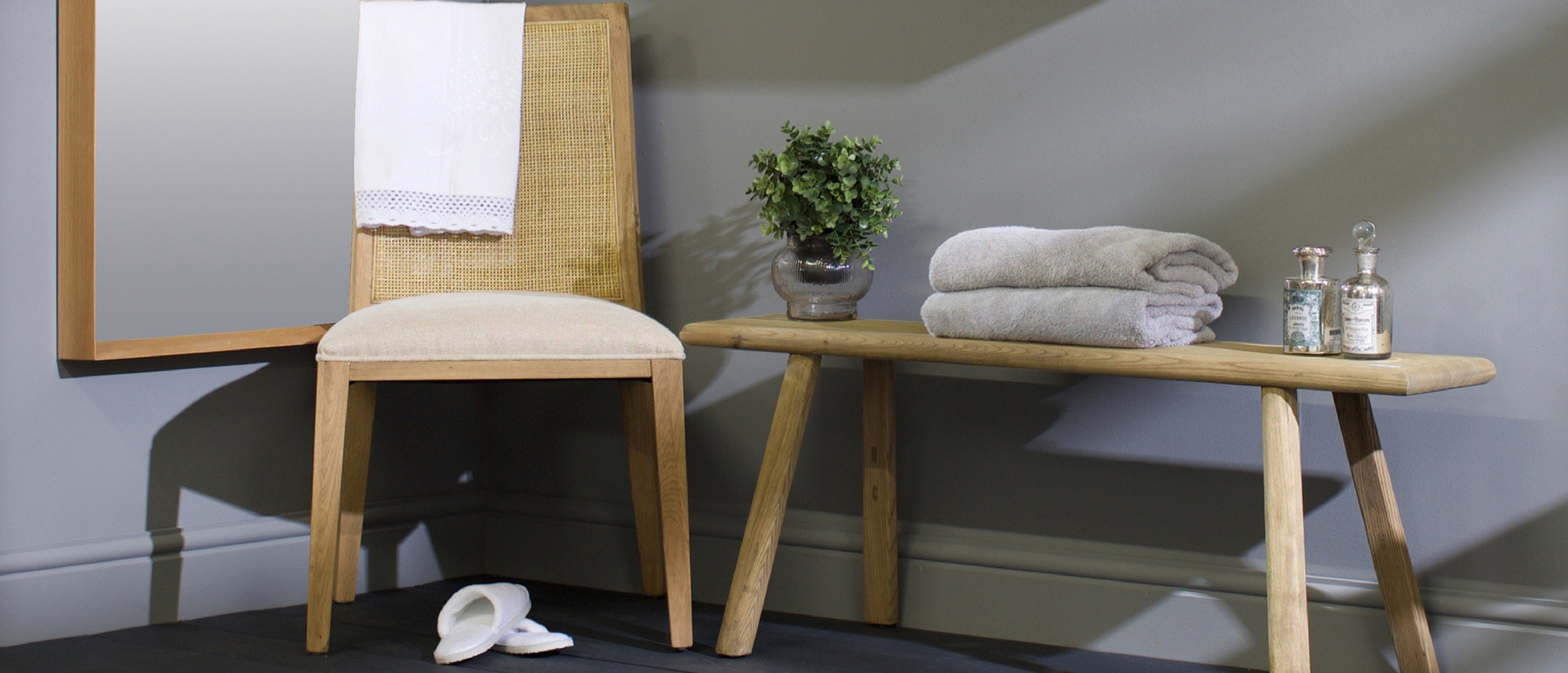 Wooden Bench with chair and towel