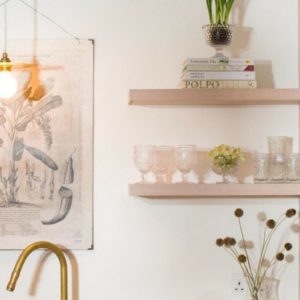 Open kitchen shelving with vintage style glassware