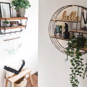 Metal and wood shelving with green plants and decorative items