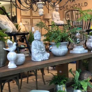 Flowers and stone pots at Chelsea Flower Show 