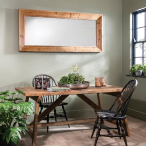 Rustic country dining room with plants and mirror 
