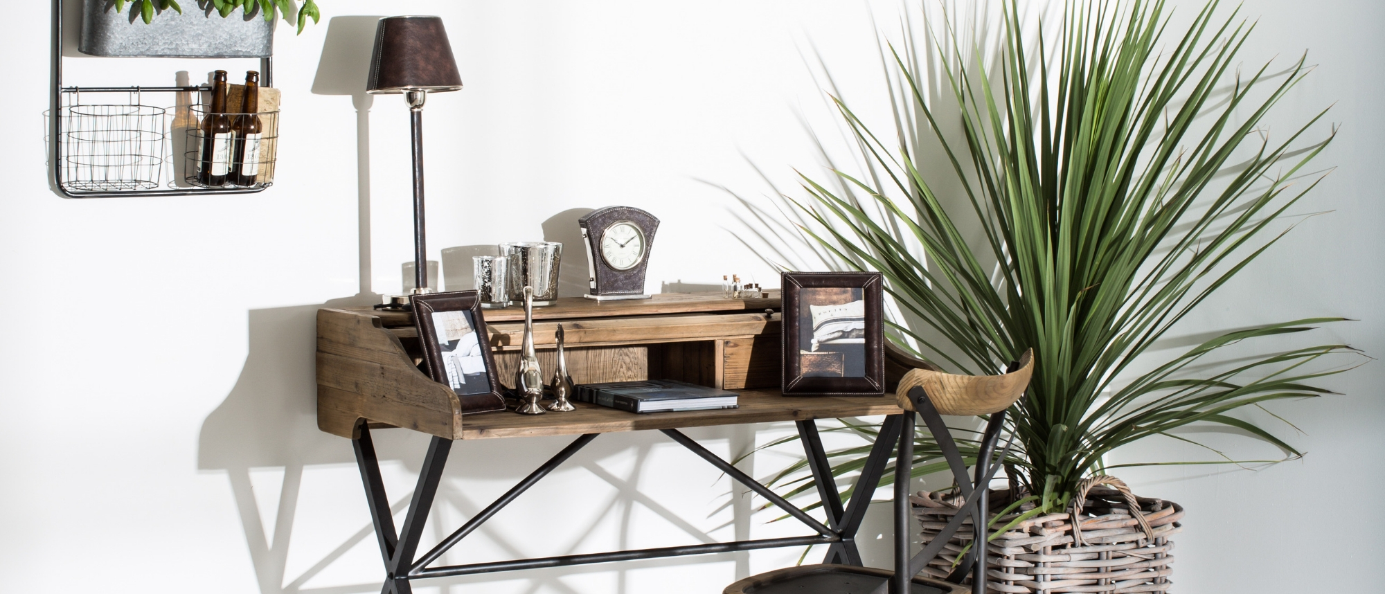 Pine desk with lamp and clock